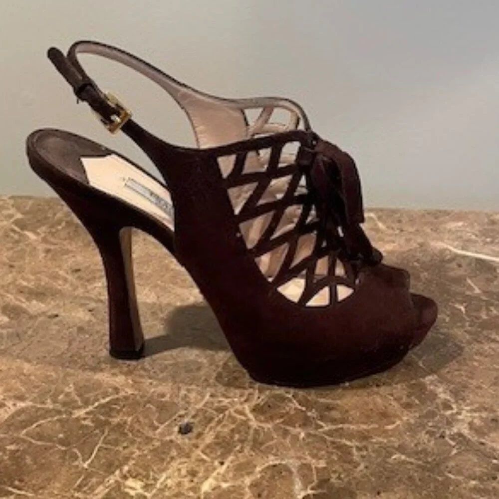 Prada Brown Suede PeepToe Slingback Heels – Sz 7.5